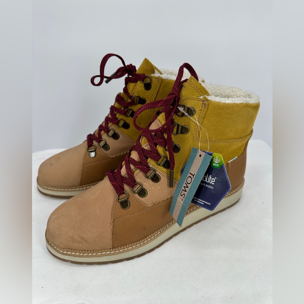 Toms Women's Tan & Mustard Winter Lace-Up Boots with Burgundy Laces